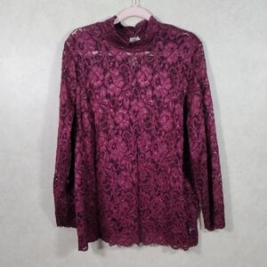 01179 Susan Graver Occasion maroon mock neck L/S lace blouse XL